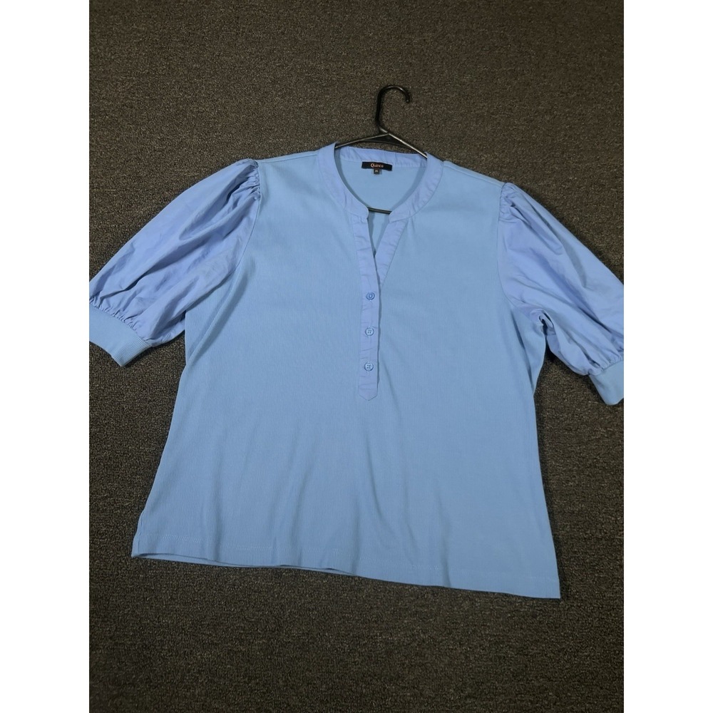 Quince Mixed Media Puff Sleeve Top Blue Womens XL Cotton Peasant